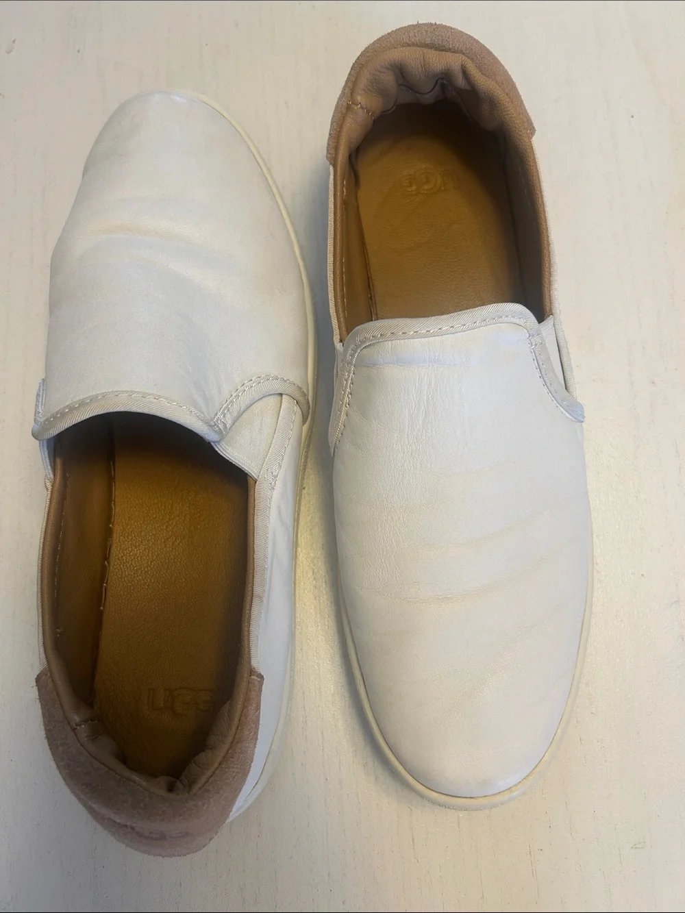 UGG women’s White Slip-On Leather Loafers with Tan Heel Accent